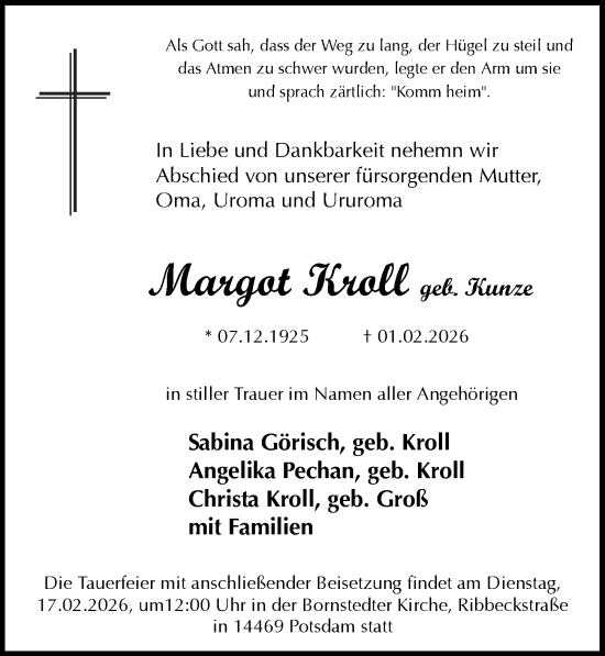 Traueranzeige von Margot Kroll von Märkischen Allgemeine Zeitung
