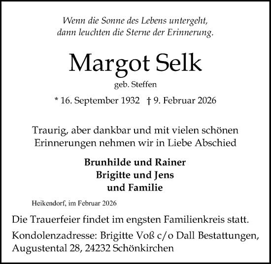 Traueranzeige von Margot Selk von Kieler Nachrichten