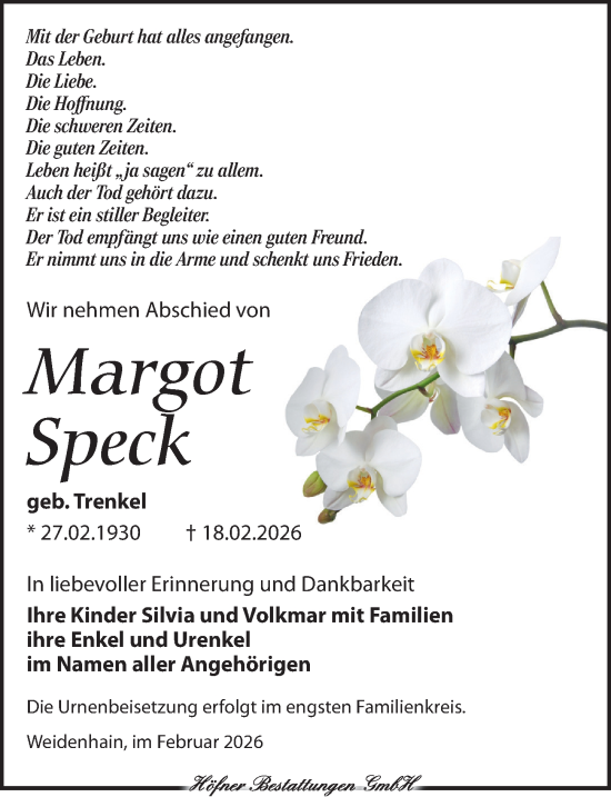 Traueranzeige von Margot Speck von Torgauer Zeitung