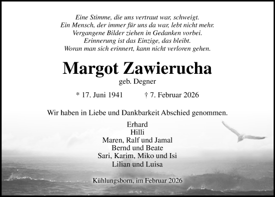 Traueranzeige von Margot Zawierucha von Ostsee-Zeitung GmbH