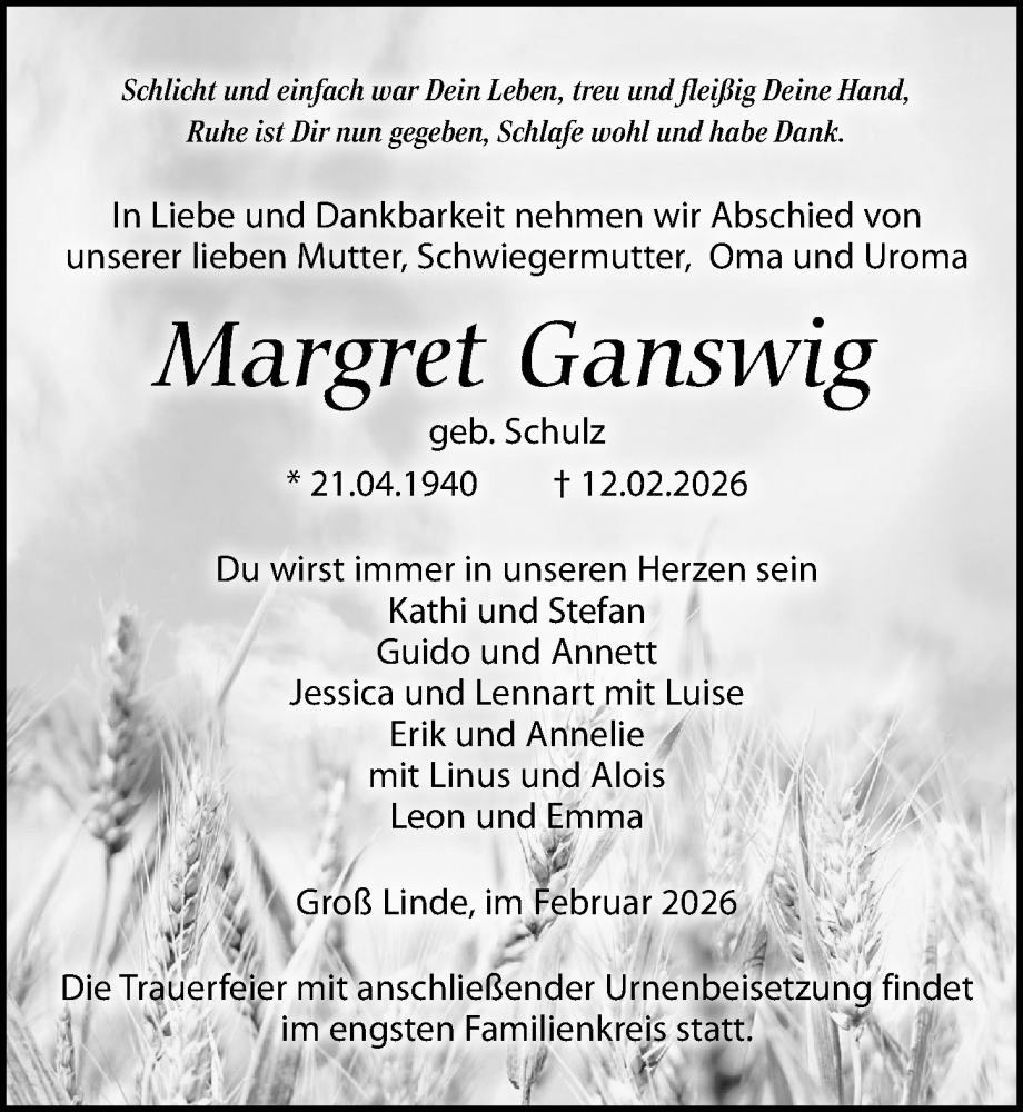  Traueranzeige für Margret Ganswig vom 21.02.2026 aus Wochenspiegel
