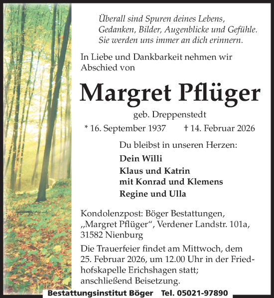 Traueranzeige von Margret Pflüger von Die Harke