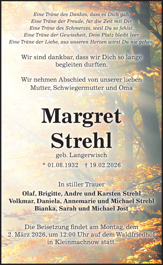 Traueranzeige von Margret Strehl von Märkischen Allgemeine Zeitung