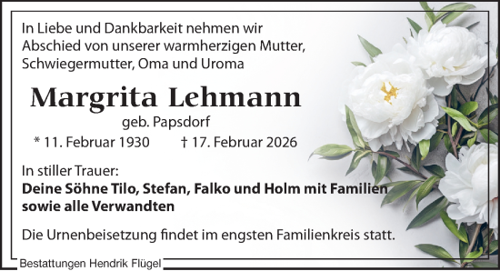 Traueranzeige von Margrita Lehmann von Leipziger Volkszeitung