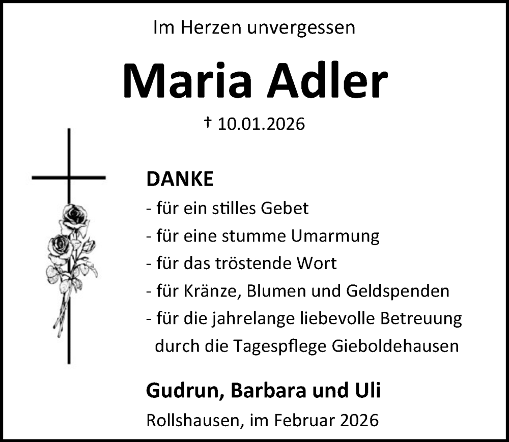  Traueranzeige für Maria Adler vom 14.02.2026 aus Eichsfelder Tageblatt