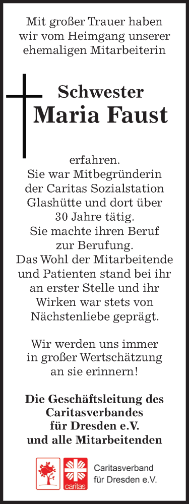 Traueranzeige von Maria Faust von Sächsische Zeitung