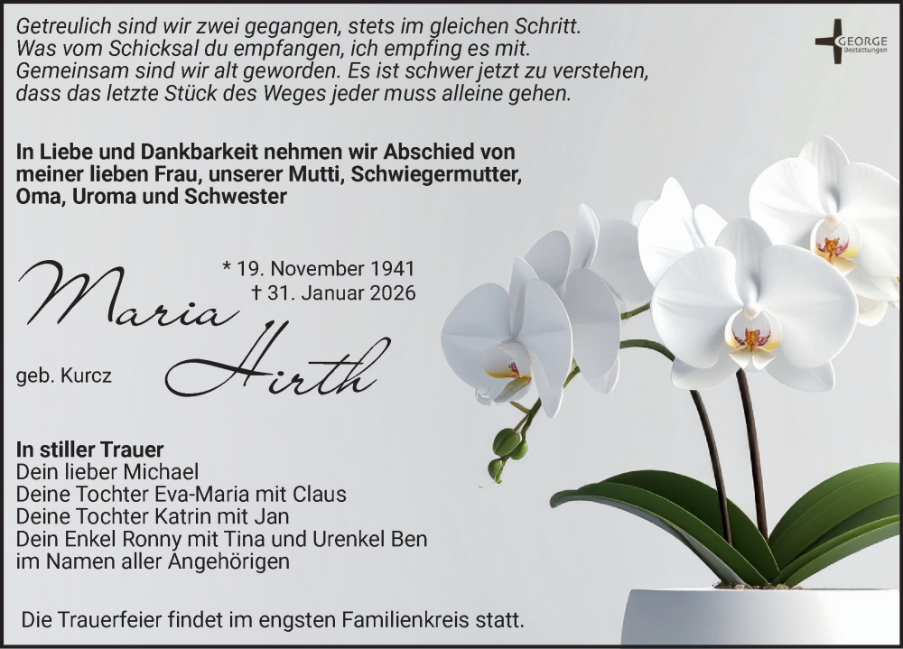  Traueranzeige für Maria Hirth vom 14.02.2026 aus Leipziger Volkszeitung