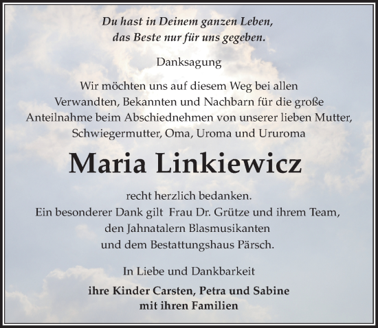 Traueranzeige von Maria Linkiewicz von Sächsische Zeitung