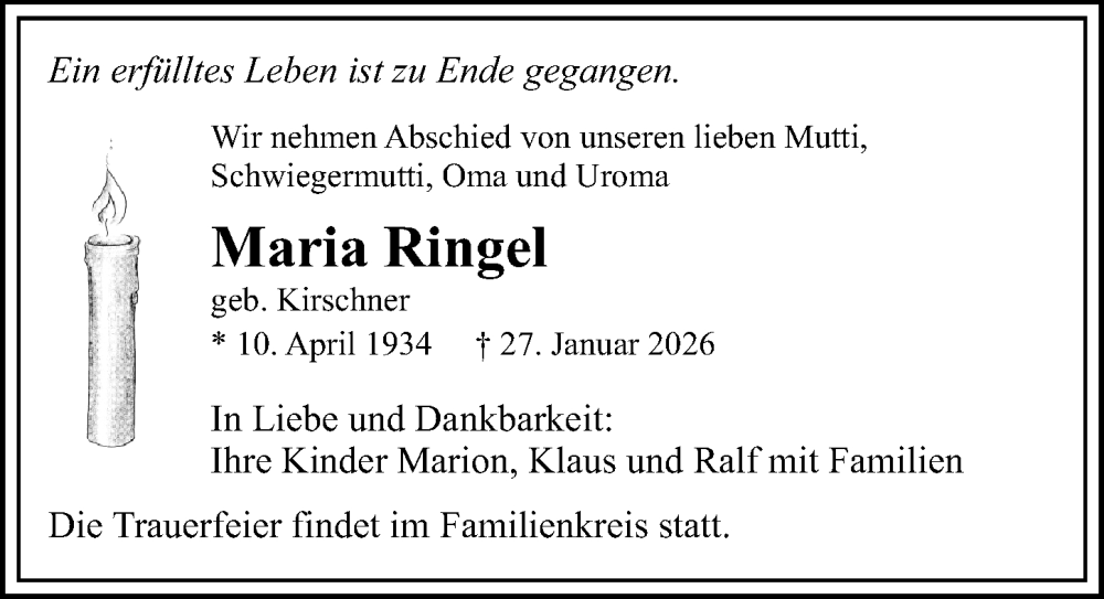  Traueranzeige für Maria Ringel vom 14.02.2026 aus Sächsische Zeitung