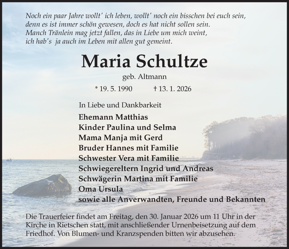  Traueranzeige für Maria Schultze vom 24.01.2026 aus Sächsische Zeitung