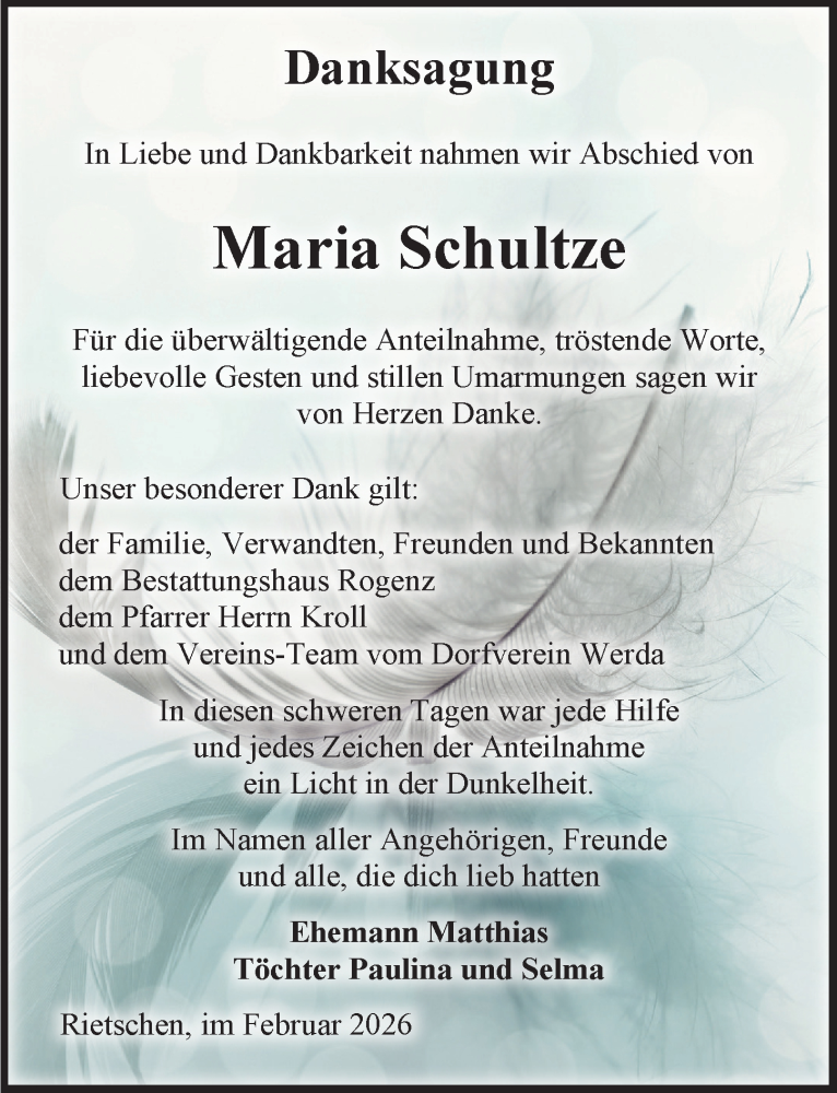  Traueranzeige für Maria Schultze vom 14.02.2026 aus Sächsische Zeitung