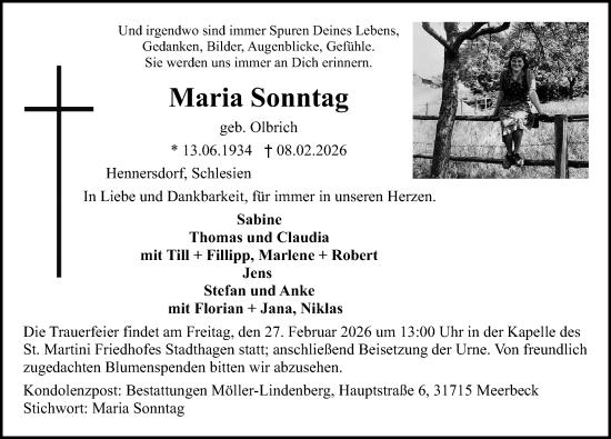 Traueranzeige von Maria Sonntag von Schaumburger Nachrichten