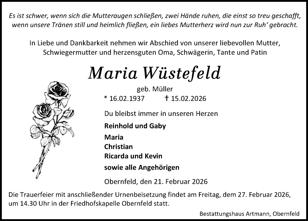  Traueranzeige für Maria Wüstefeld vom 21.02.2026 aus Eichsfelder Tageblatt