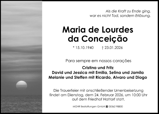 Traueranzeige von Maria de Lourdes da Conceicão von Aller Zeitung