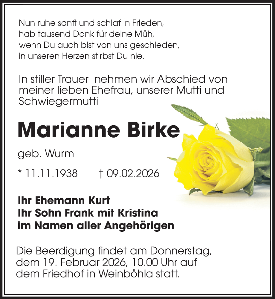  Traueranzeige für Marianne Birke vom 14.02.2026 aus Sächsische Zeitung