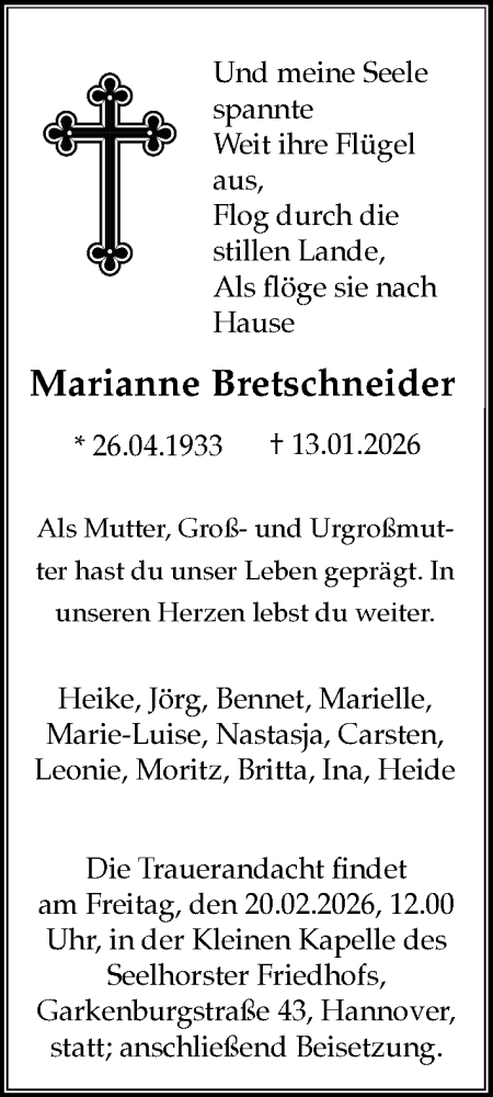 Traueranzeige von Marianne Bretschneider von Hannoversche Allgemeine Zeitung/Neue Presse
