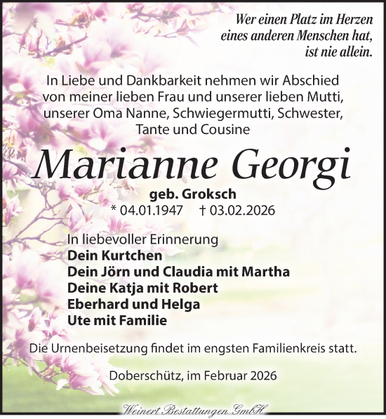 Traueranzeige von Marianne Georgi von Leipziger Volkszeitung