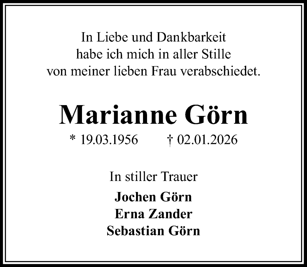  Traueranzeige für Marianne Görn vom 21.02.2026 aus Wochenspiegel