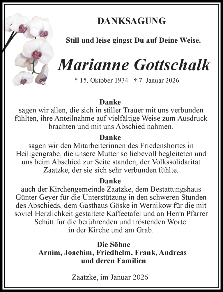  Traueranzeige für Marianne Gottschalk vom 07.02.2026 aus Wochenspiegel