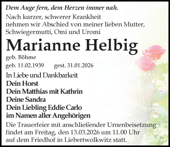 Traueranzeige von Marianne Helbig von Leipziger Volkszeitung