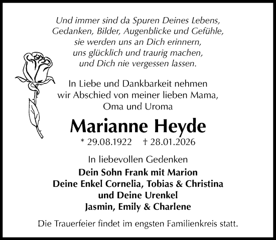 Traueranzeige von Marianne Heyde von Sächsische Zeitung