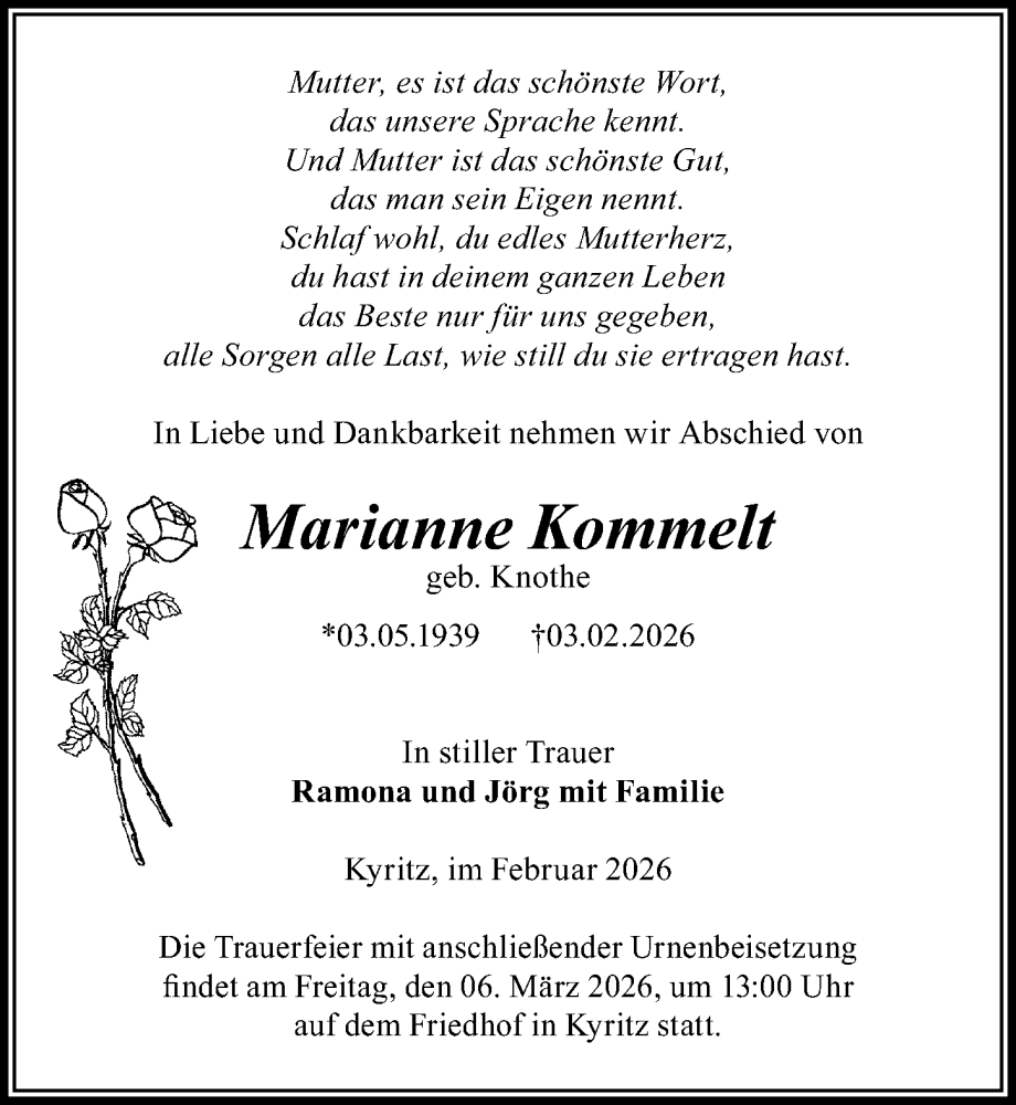  Traueranzeige für Marianne Kommelt vom 21.02.2026 aus Wochenspiegel