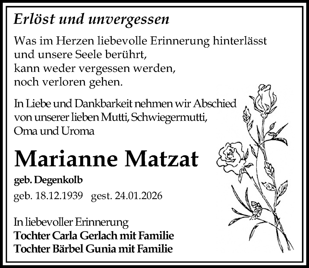  Traueranzeige für Marianne Matzat vom 14.02.2026 aus Leipziger Volkszeitung