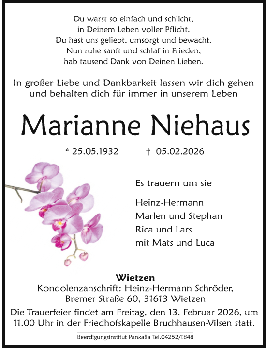 Traueranzeige von Marianne Niehaus von Die Harke
