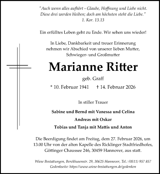 Traueranzeige von Marianne Ritter von Hannoversche Allgemeine Zeitung/Neue Presse
