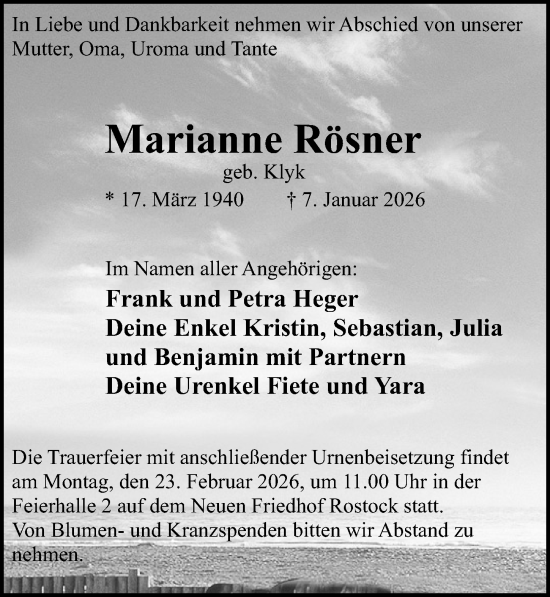 Traueranzeige von Marianne Rösner von Ostsee-Zeitung GmbH