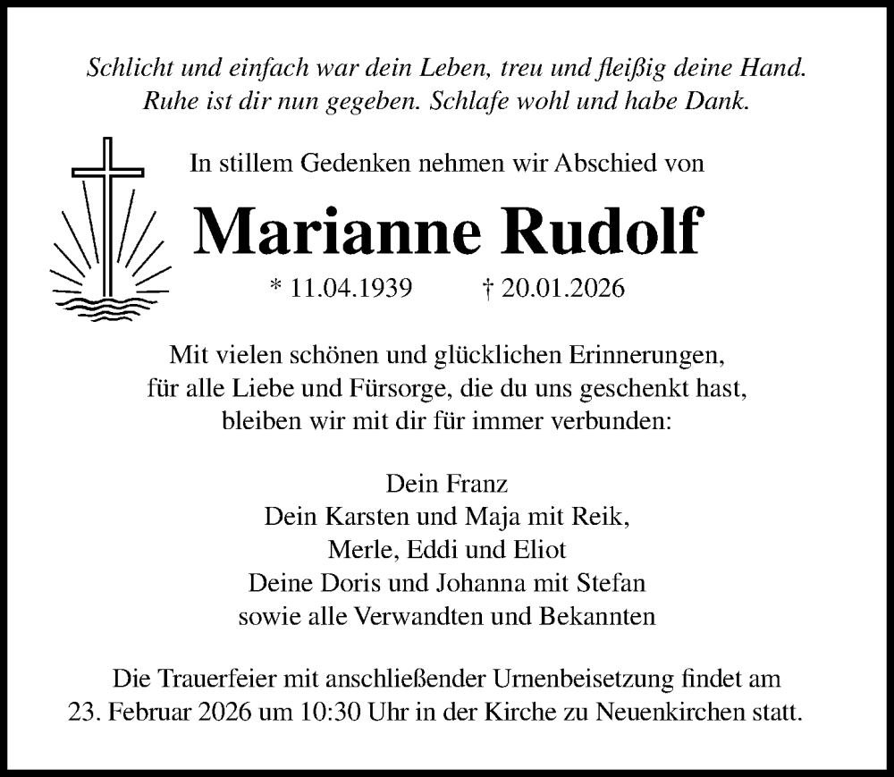  Traueranzeige für Marianne Rudolf vom 07.02.2026 aus Ostsee-Zeitung GmbH