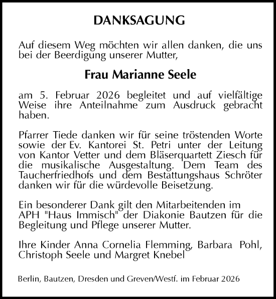 Traueranzeige von Marianne Seele von Sächsische Zeitung