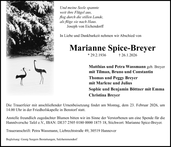 Traueranzeige von Marianne Spice-Breyer von Hannoversche Allgemeine Zeitung/Neue Presse