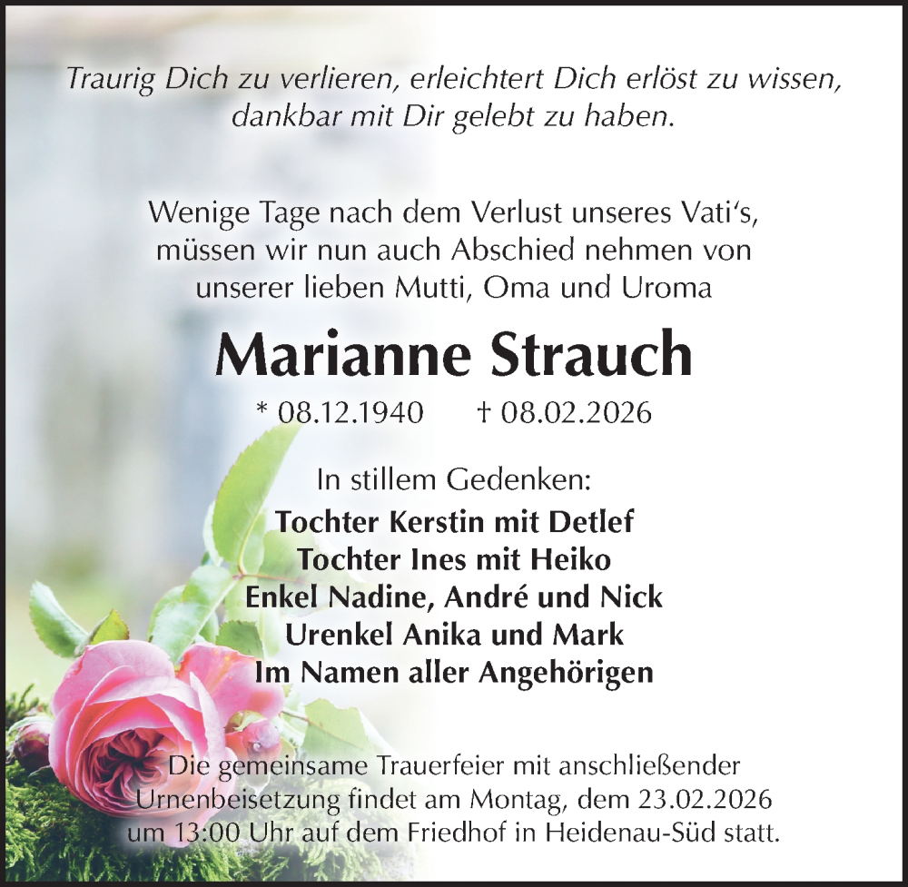  Traueranzeige für Marianne Strauch vom 14.02.2026 aus Sächsische Zeitung