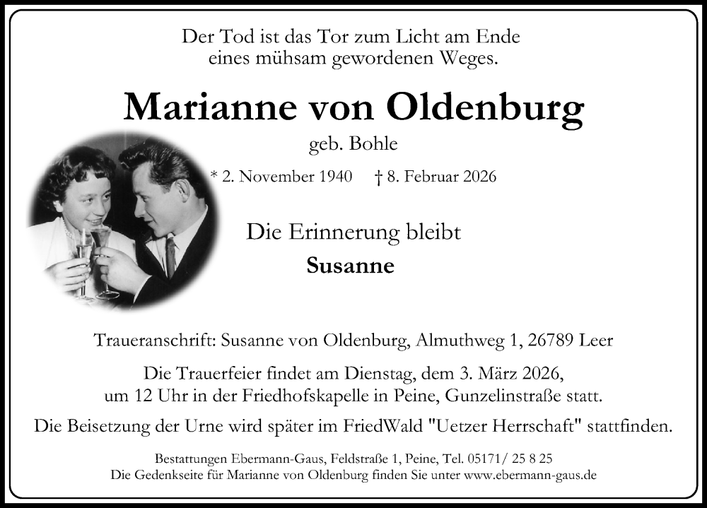 Traueranzeige für Marianne von Oldenburg vom 14.02.2026 aus Peiner Allgemeine Zeitung