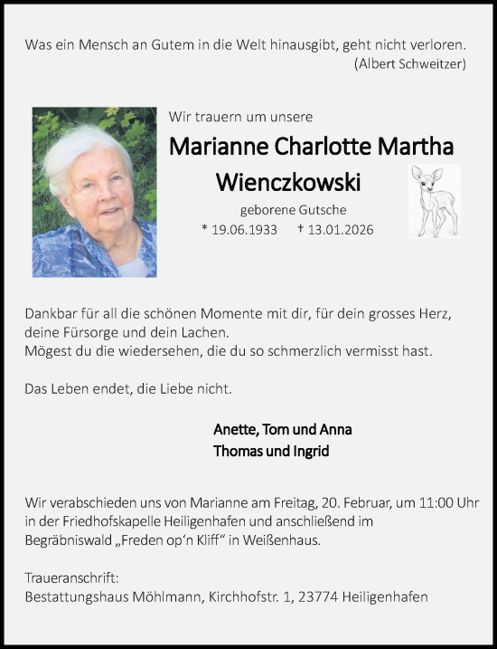 Traueranzeige von Marianne Charlotte Martha Wienczkowski von Lübecker Nachrichten