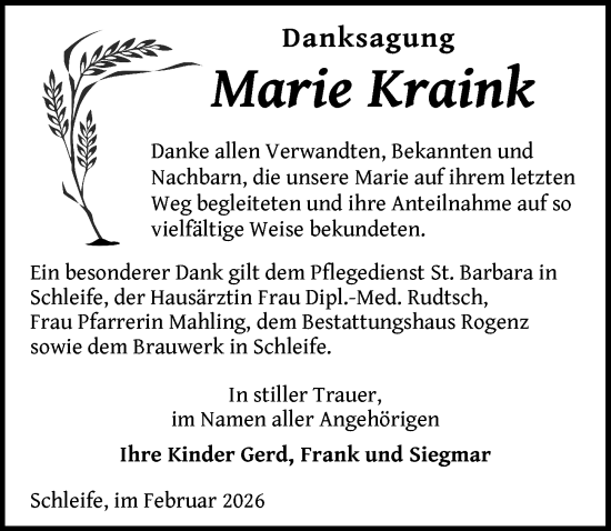 Traueranzeige von Marie Kraink von Sächsische Zeitung