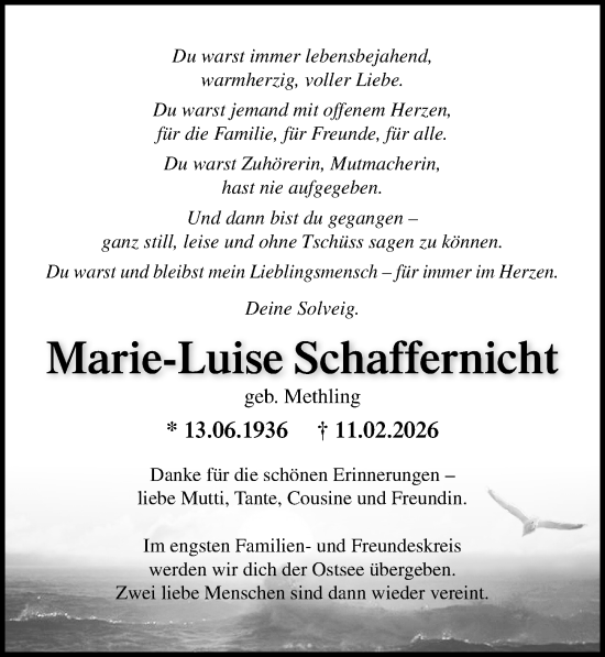 Traueranzeige von Marie-Luise Schaffernicht von Ostsee-Zeitung GmbH