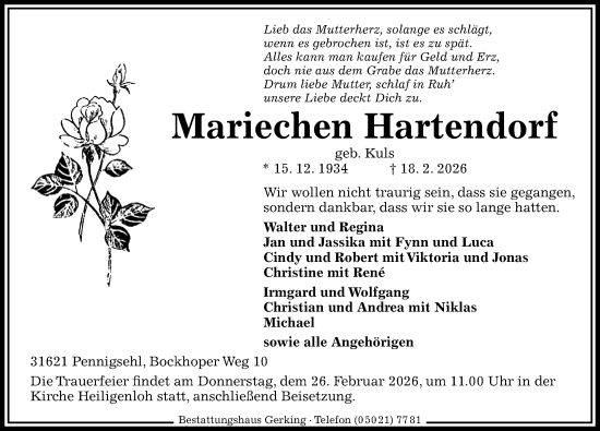 Traueranzeige von Mariechen Hartendorf von Die Harke