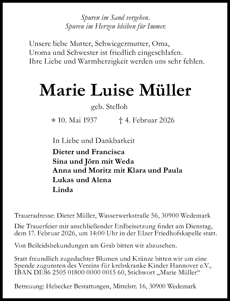  Traueranzeige für Marie Luise Müller vom 14.02.2026 aus Hannoversche Allgemeine Zeitung/Neue Presse