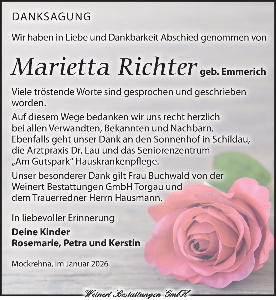  Traueranzeige für Marietta Richter vom 07.02.2026 aus Torgauer Zeitung