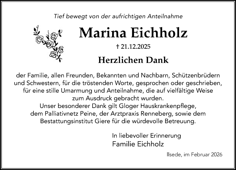  Traueranzeige für Marina Eichholz vom 07.02.2026 aus Peiner Allgemeine Zeitung