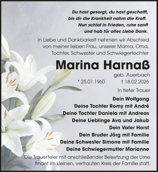 Traueranzeige von Marina Harnaß von Sächsische Zeitung