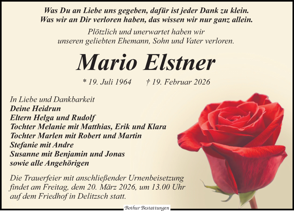  Traueranzeige für Mario Elstner vom 28.02.2026 aus Leipziger Volkszeitung