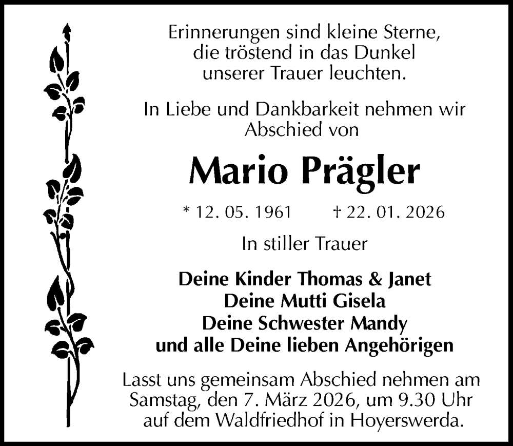  Traueranzeige für Mario Prägler vom 21.02.2026 aus Sächsische Zeitung