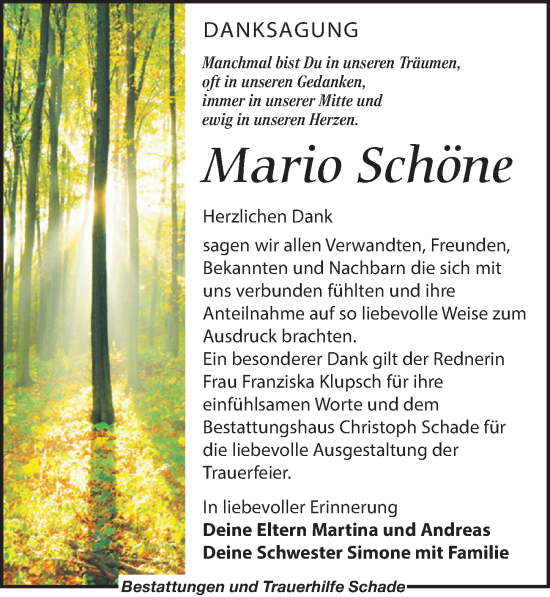 Traueranzeige von Mario Schöne von Leipziger Volkszeitung