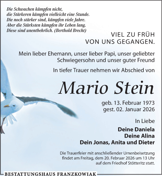 Traueranzeige von Mario Stein von Leipziger Volkszeitung