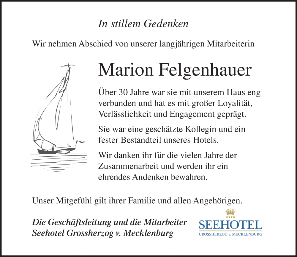  Traueranzeige für Marion Felgenhauer vom 21.02.2026 aus Ostsee-Zeitung GmbH