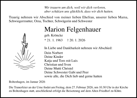 Traueranzeige von Marion Felgenhauer von Ostsee-Zeitung GmbH