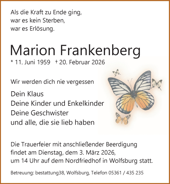 Traueranzeige von Marion Frankenberg von Aller Zeitung
